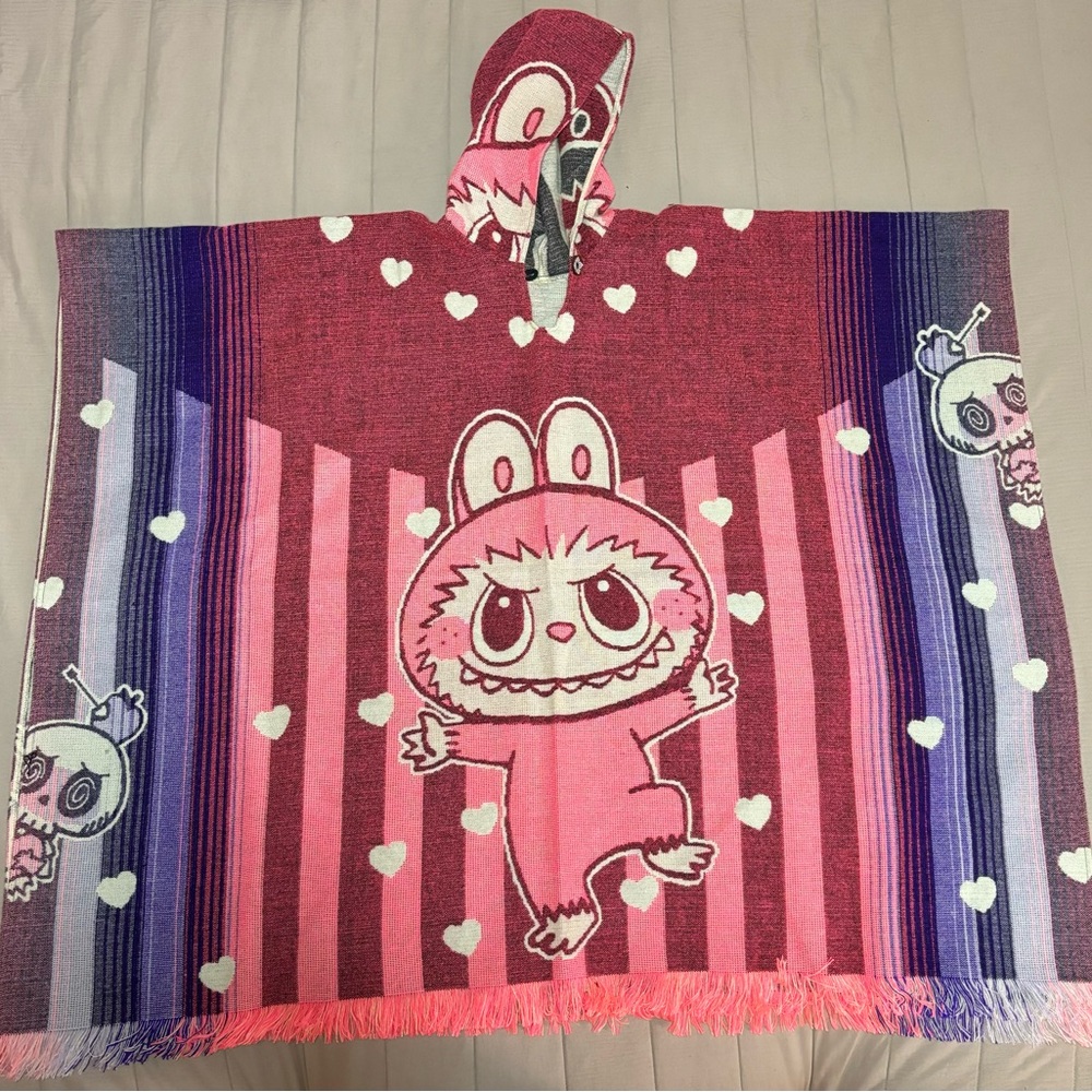 Pink and Blue Hooded Poncho with Cartoon Design